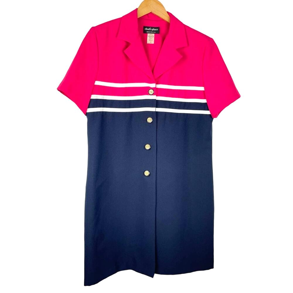 Vintage | Navy Blue Pink Button Down Dress Nautical Design